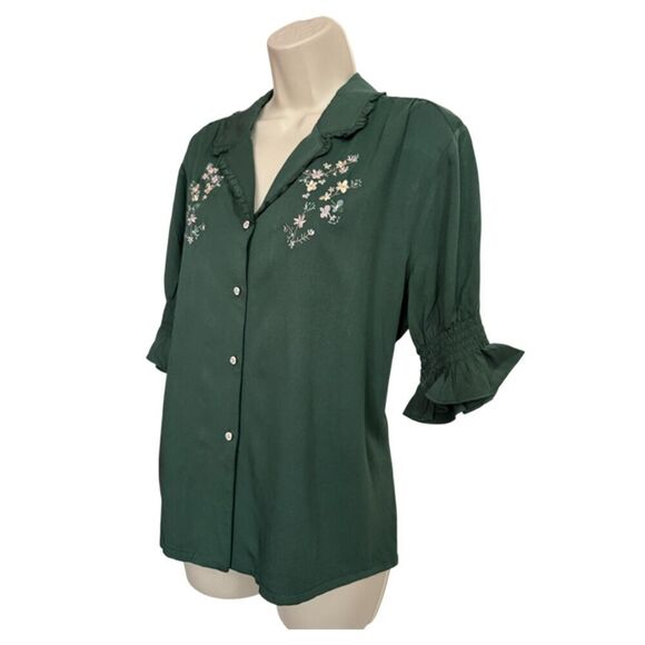 Simple Retro Green Embroidered Short Ruffle Sleeve Top Size XL - Picture 4 of 11